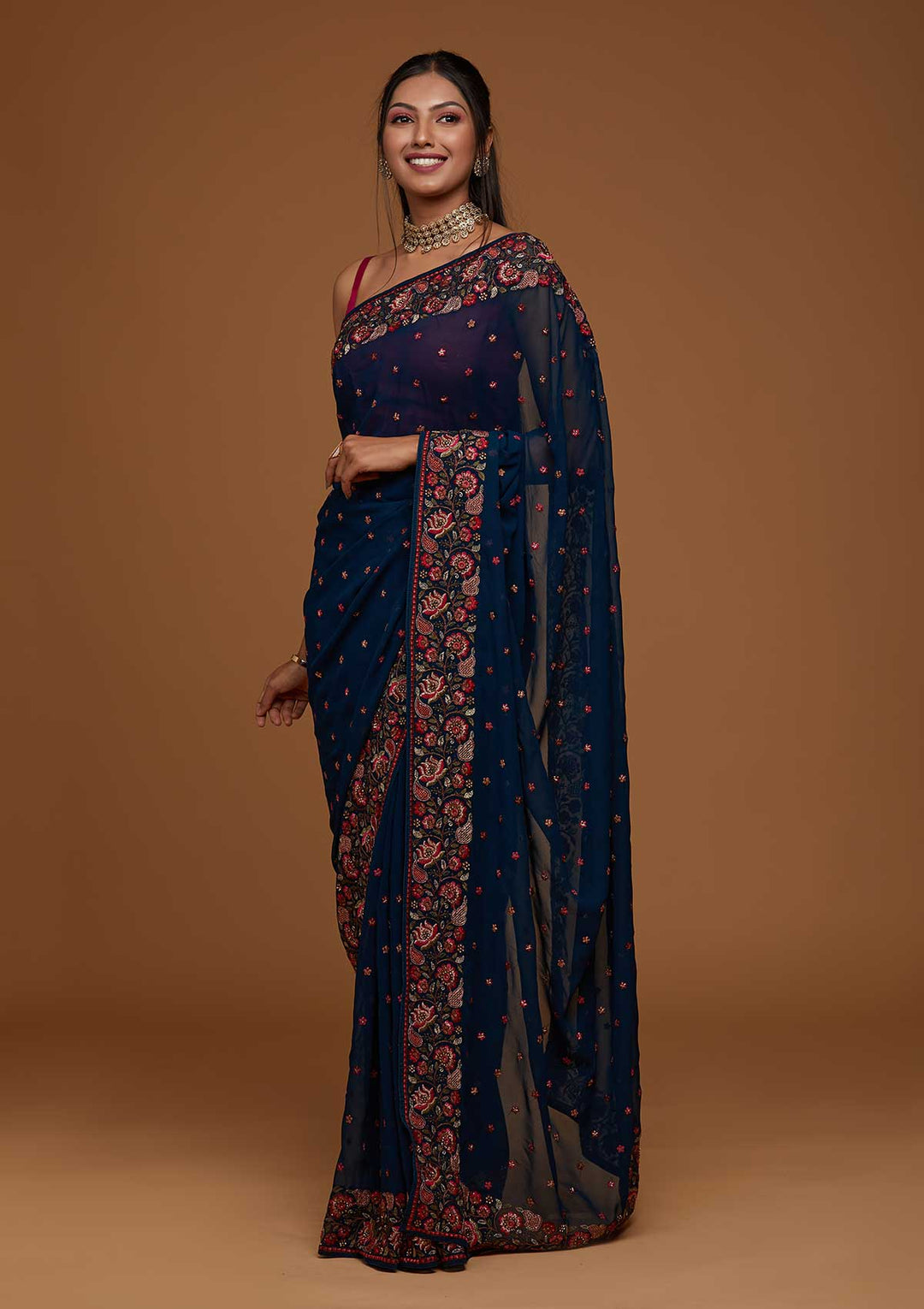 Peacock Blue Zariwork Georgette Saree-Koskii