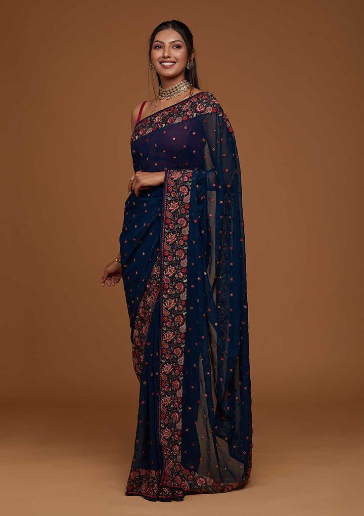 Peacock Blue Zariwork Georgette Saree-Koskii
