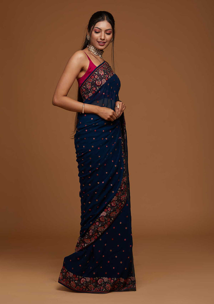 Peacock Blue Zariwork Georgette Saree-Koskii