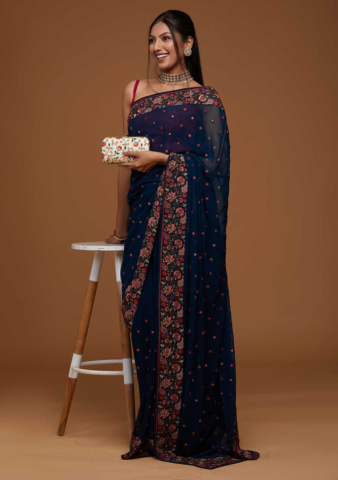 Peacock Blue Zariwork Georgette Saree-Koskii
