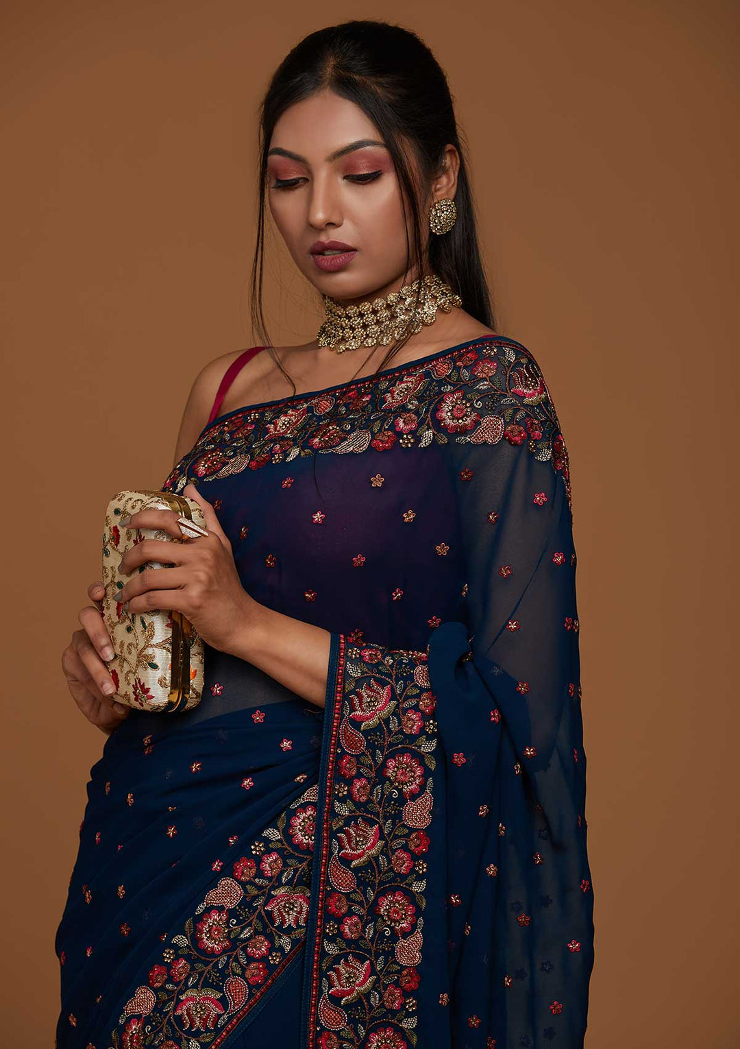 Peacock Blue Zariwork Georgette Saree-Koskii