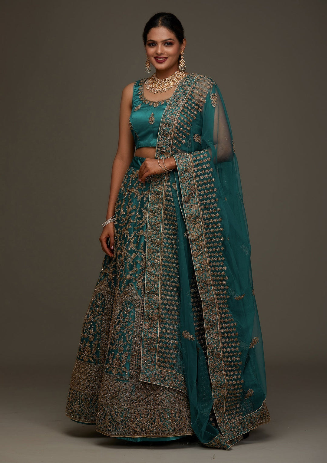 Peacock Blue Zariwork Net Designer Semi-Stitched Lehenga- Koskii