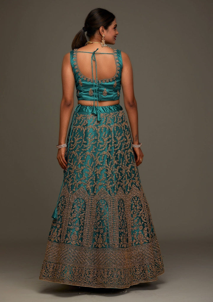 Peacock Blue Zariwork Net Designer Semi-Stitched Lehenga - Koskii