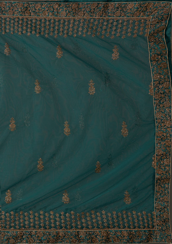 Peacock Blue Zariwork Net Designer Semi-Stitched Lehenga - Koskii
