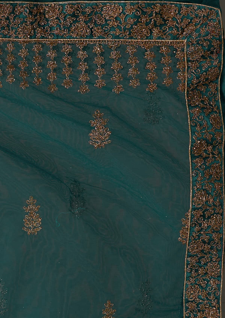 Peacock Blue Zariwork Net Designer Semi-Stitched Lehenga - Koskii