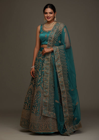 Peacock Blue Zariwork Net Designer Semi-Stitched Lehenga- Koskii