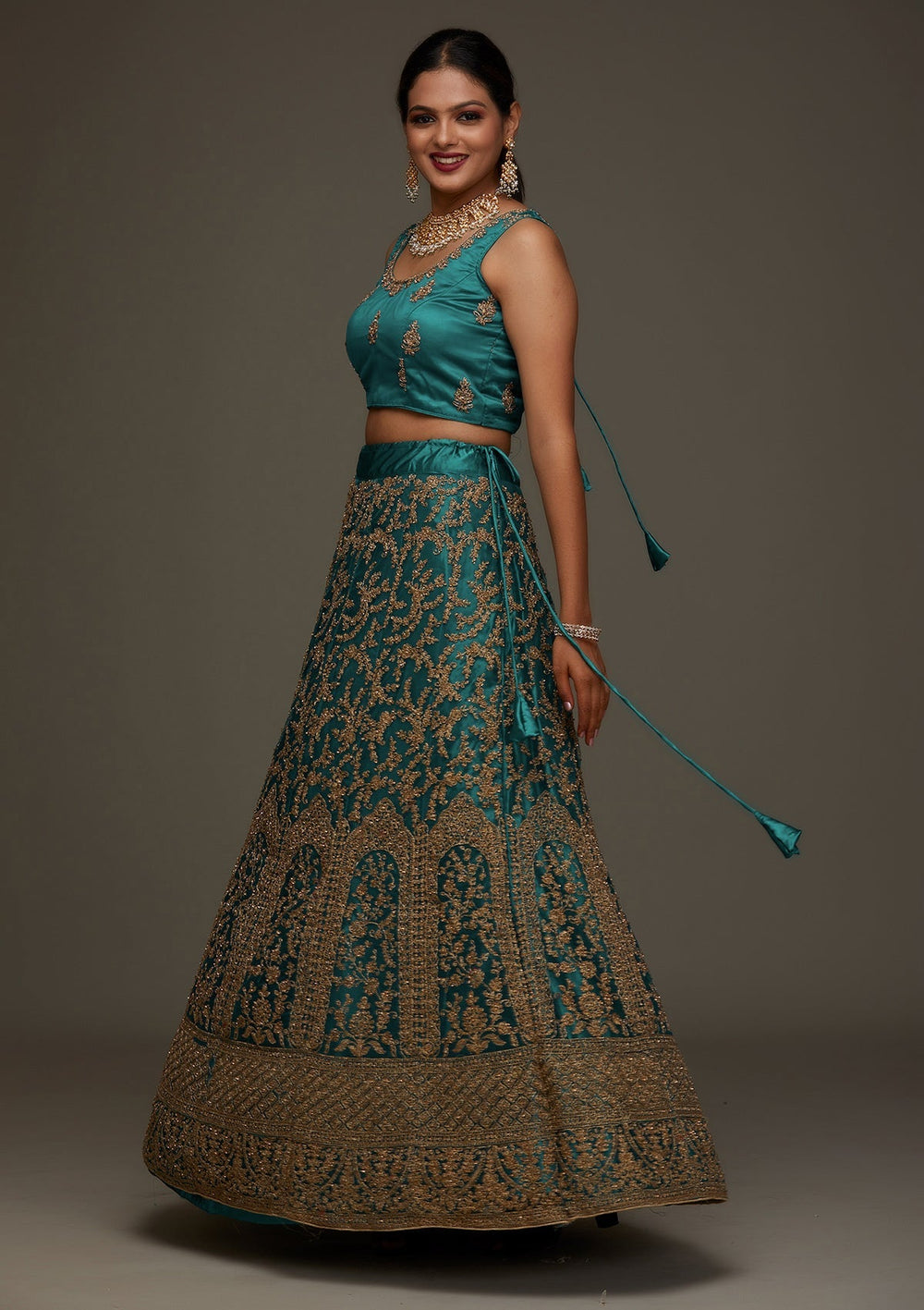 Peacock Blue Zariwork Net Designer Semi-Stitched Lehenga - Koskii