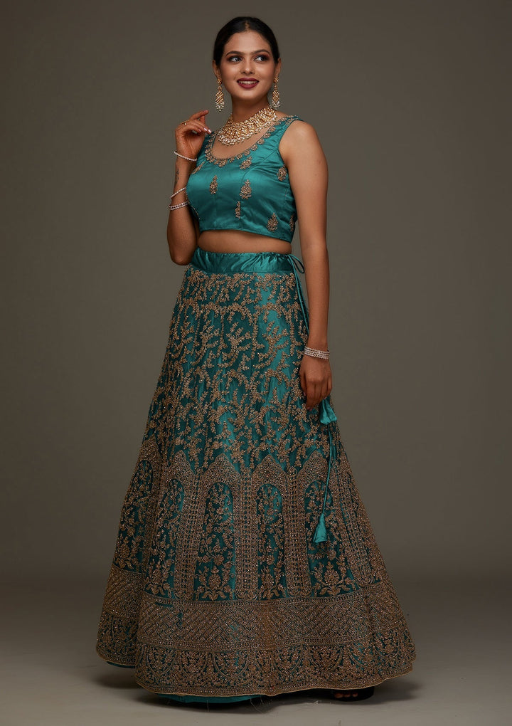Peacock Blue Zariwork Net Designer Semi-Stitched Lehenga - Koskii