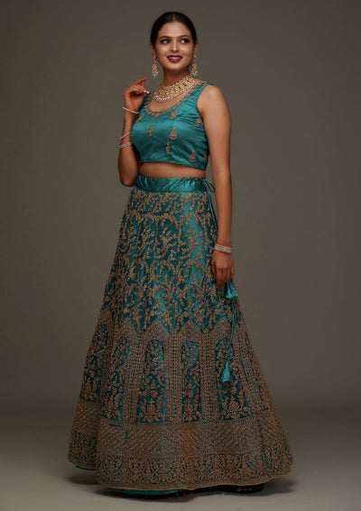 Peacock Blue Zariwork Net Designer Semi-Stitched Lehenga - Koskii