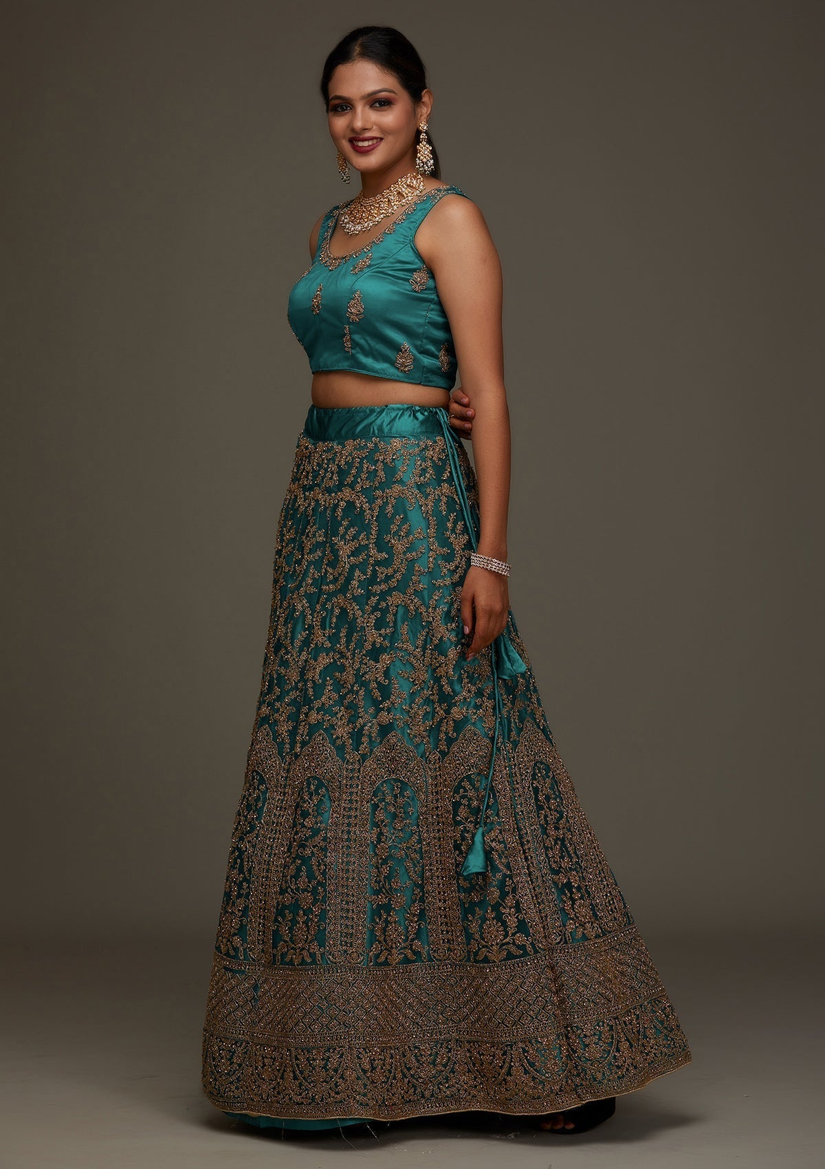 Peacock Blue Zariwork Net Designer Semi-Stitched Lehenga - Koskii