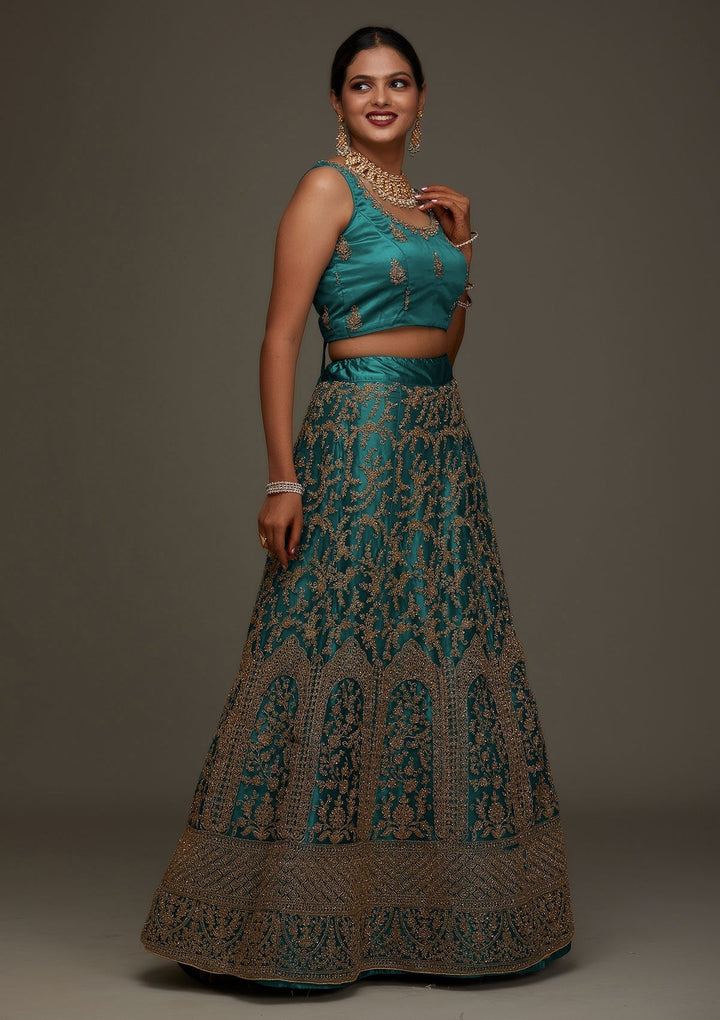 Peacock Blue Zariwork Net Designer Semi-Stitched Lehenga - Koskii