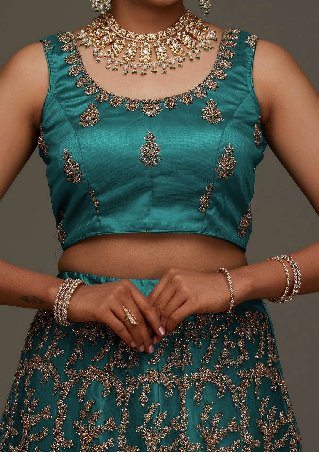 Peacock Blue Zariwork Net Designer Semi-Stitched Lehenga - Koskii
