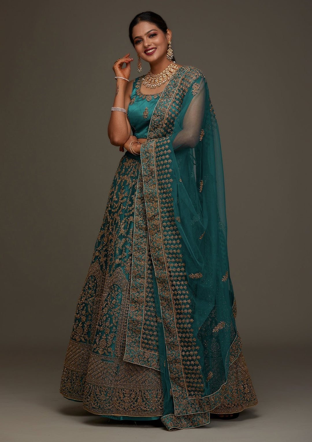 Peacock Blue Zariwork Net Designer Semi-Stitched Lehenga - Koskii