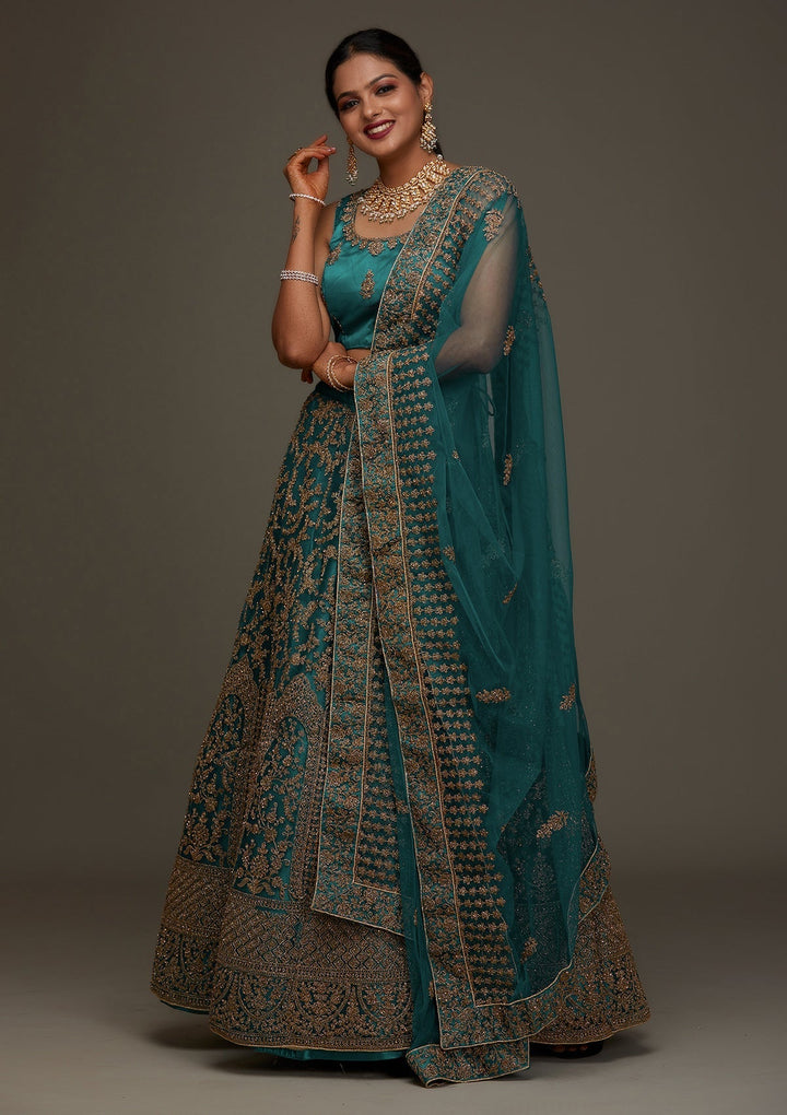 Peacock Blue Zariwork Net Designer Semi-Stitched Lehenga - Koskii