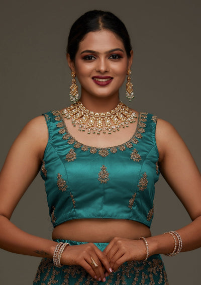 Peacock Blue Zariwork Net Designer Semi-Stitched Lehenga - Koskii