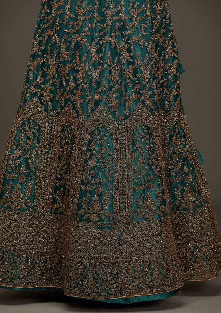 Peacock Blue Zariwork Net Designer Semi-Stitched Lehenga - Koskii