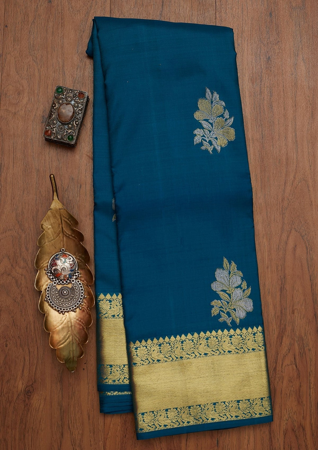 Peacock Blue Zariwork Pure Silk Designer Saree - koskii