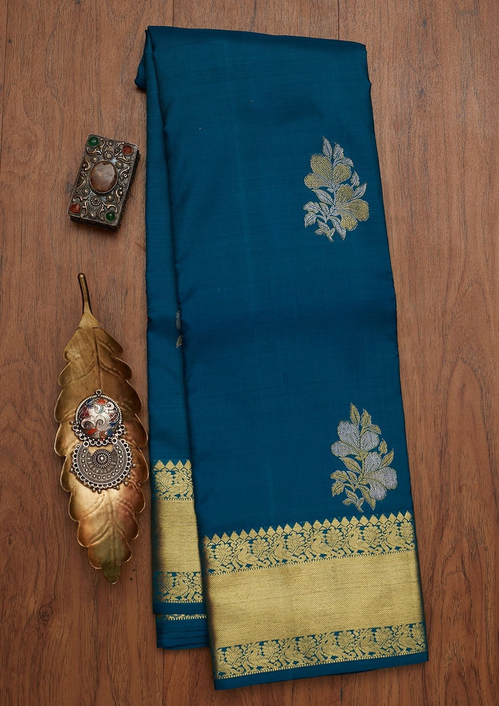 Peacock Blue Zariwork Pure Silk Designer Saree - koskii