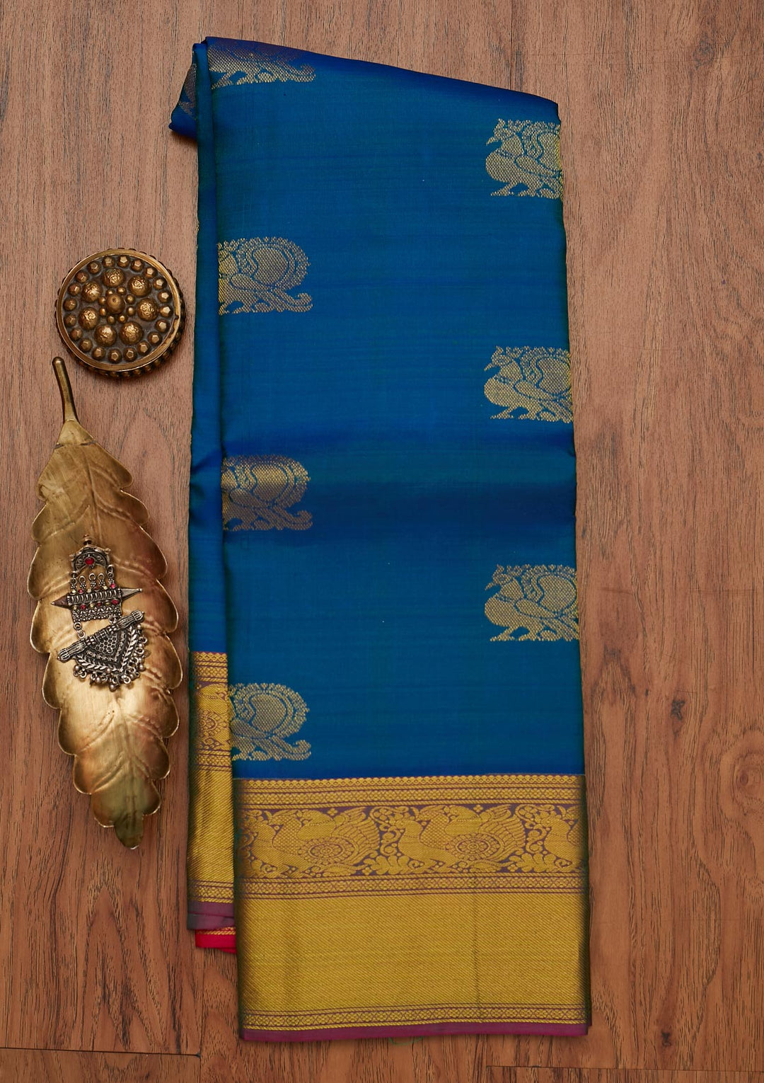 Peacock Blue Zariwork Pure Silk Designer Saree - koskii