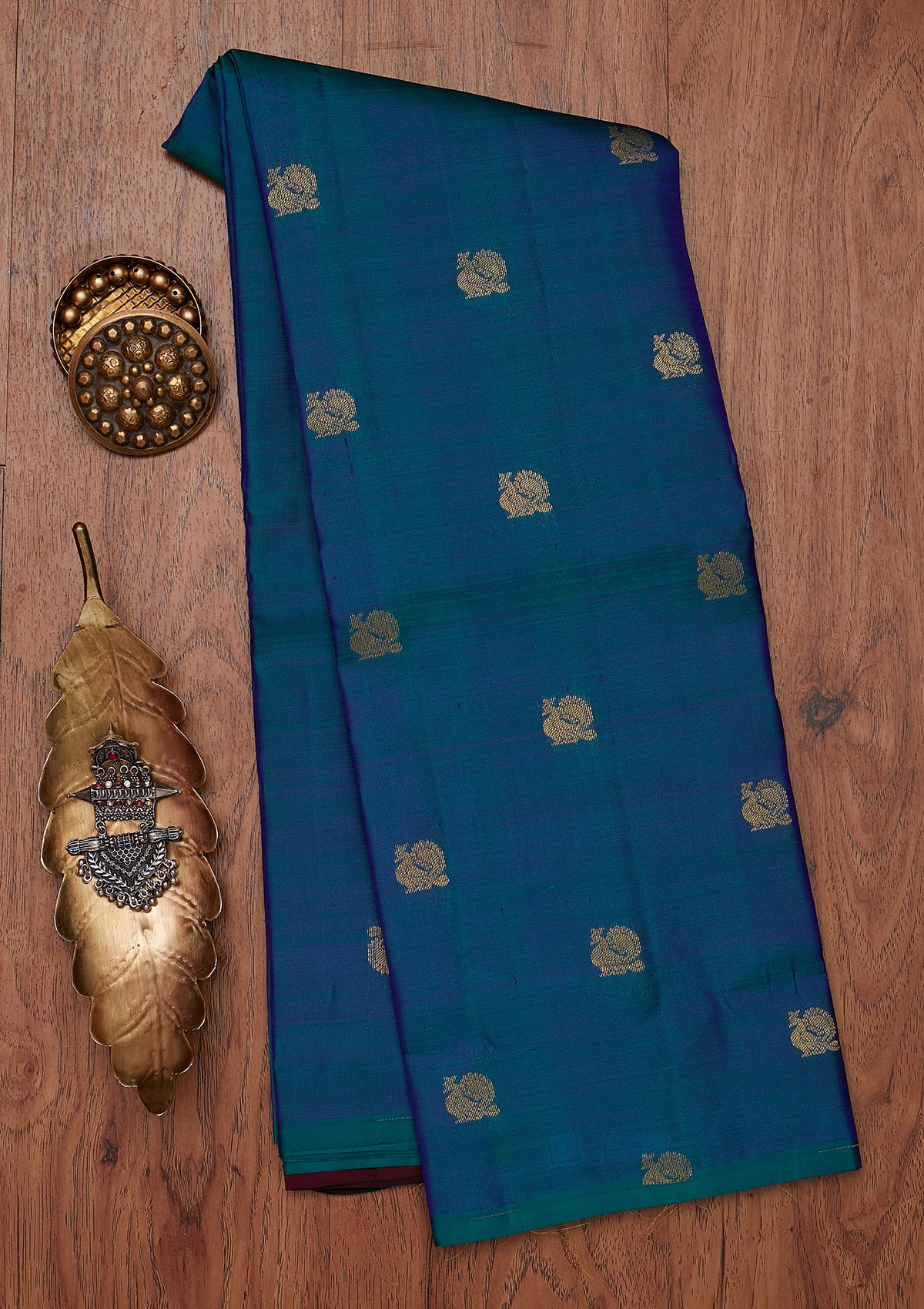 Peacock Blue Zariwork Pure Silk Designer Unstitched Saree - Koskii