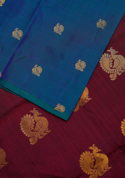Peacock Blue Zariwork Pure Silk Designer Unstitched Saree - Koskii