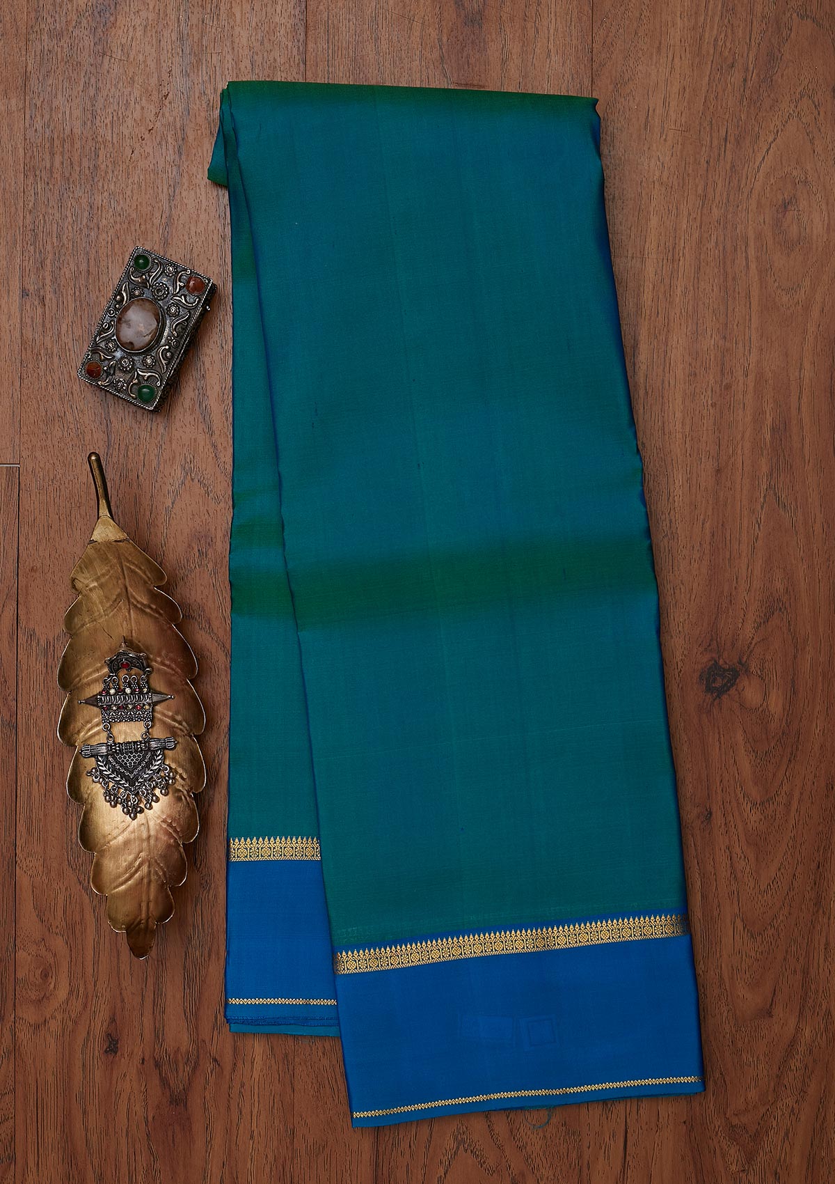 Peacock Blue Zariwork Pure Silk Designer Unstitched Saree - Koskii