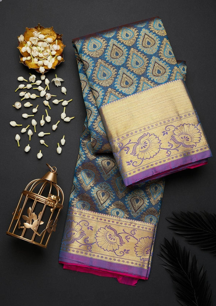 Peacock Blue Zariwork Pure Silk Designer Saree - Koskii