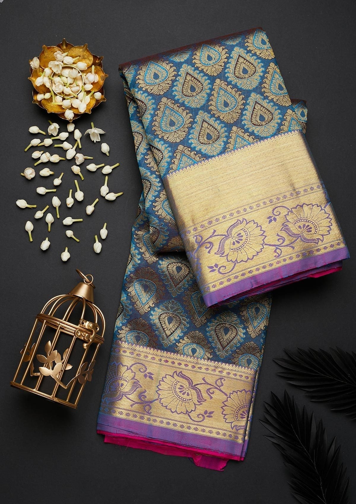 Peacock Blue Zariwork Pure Silk Designer Saree - Koskii