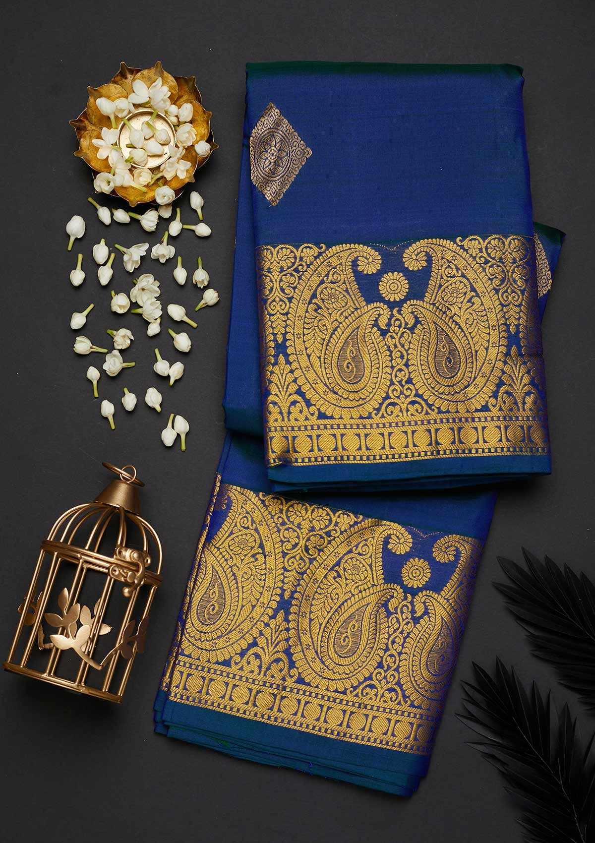 Peacock Blue Zariwork Pure Silk Designer Saree - Koskii