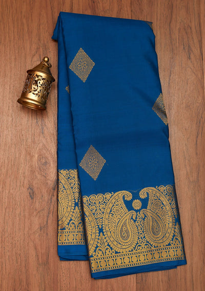 Peacock Blue Zariwork Pure Silk Saree- Koskii