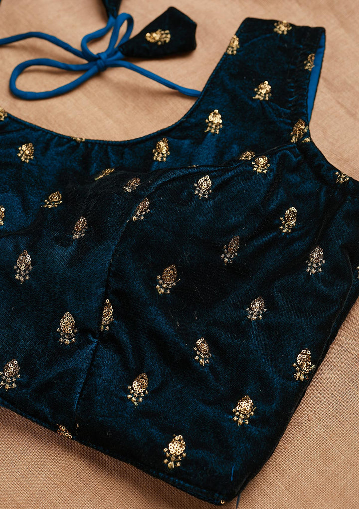 Peacock Blue Zariwork Raw Silk Blouse-Koskii