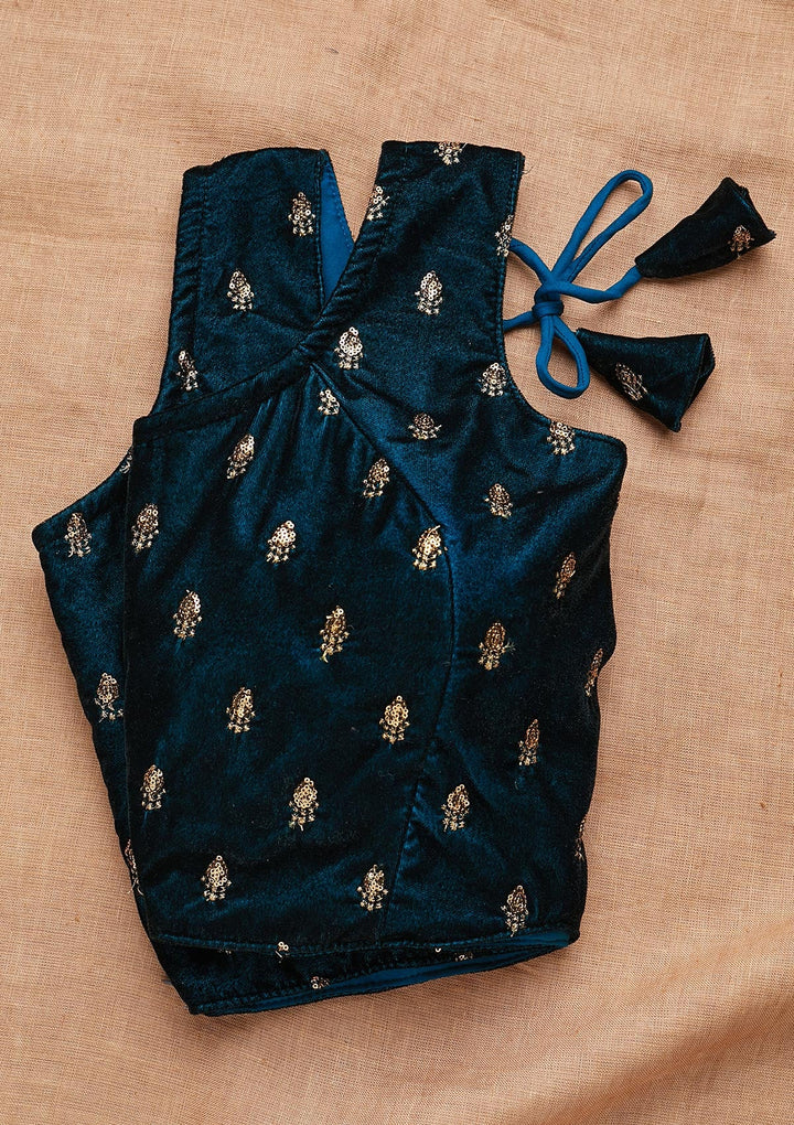 Peacock Blue Zariwork Raw Silk Blouse-Koskii