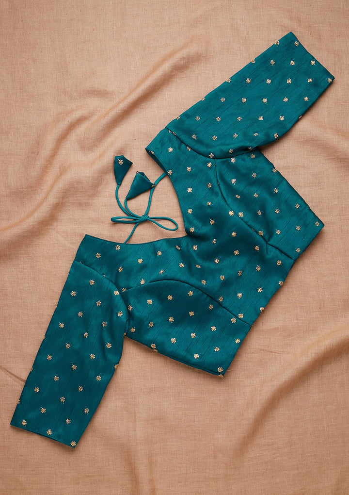 Peacock Blue Zariwork Raw Silk Blouse-Koskii