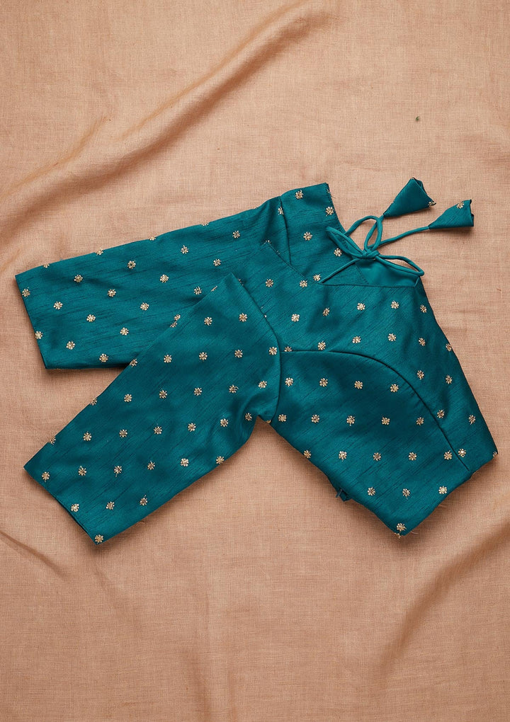 Peacock Blue Zariwork Raw Silk Blouse-Koskii