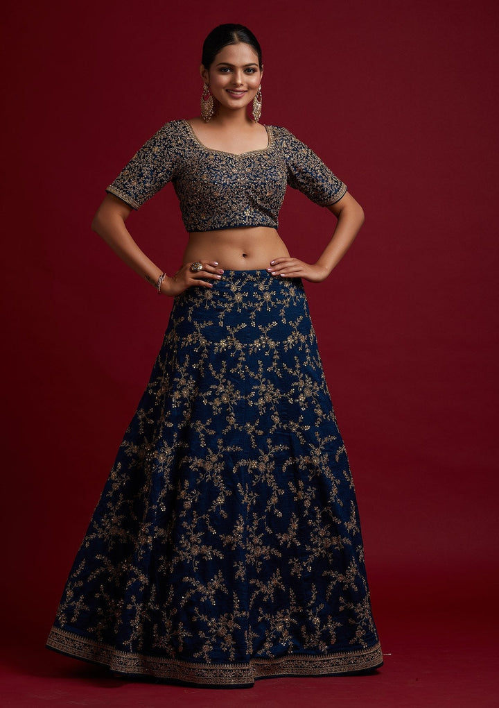 Peacock Blue Zariwork Raw Silk Designer Lehenga - koskii