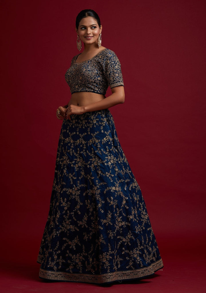 Peacock Blue Zariwork Raw Silk Designer Lehenga - koskii