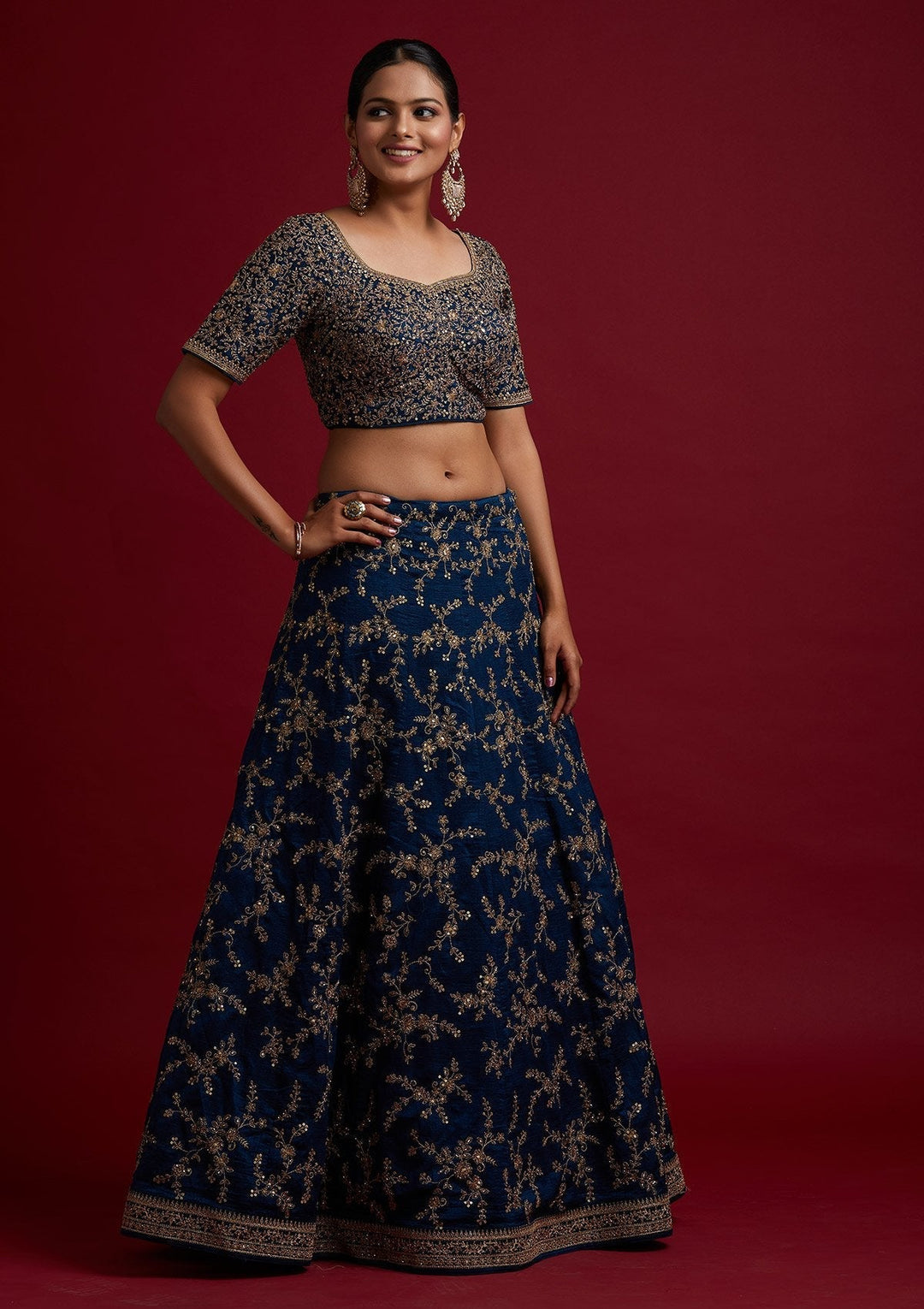 Peacock Blue Zariwork Raw Silk Designer Lehenga - koskii