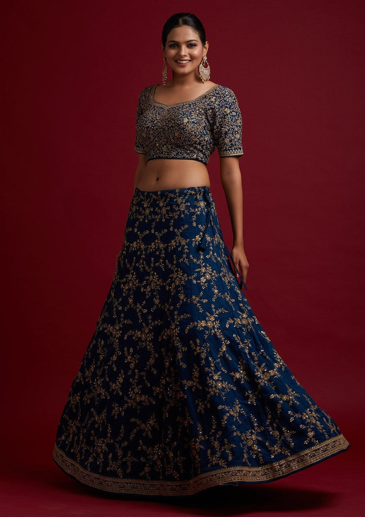 Peacock Blue Zariwork Raw Silk Designer Lehenga - koskii