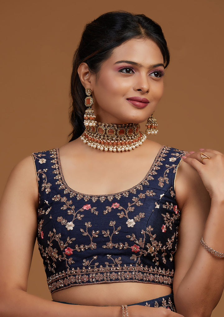 Peacock Blue Zariwork Raw Silk Designer Lehenga-Koskii