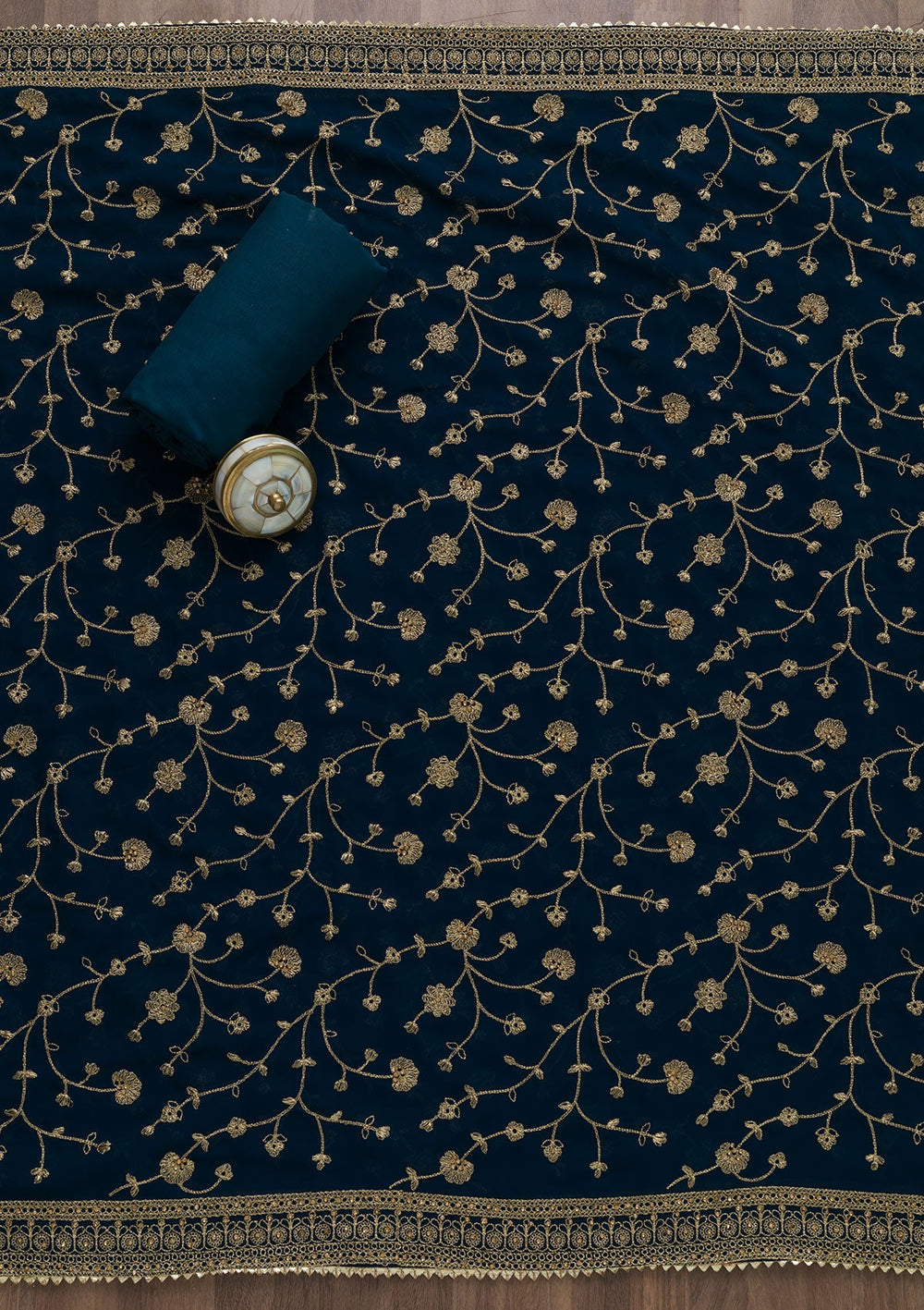 Peacock Blue Zariwork Raw Silk Unstitched Salwar Suit-Koskii