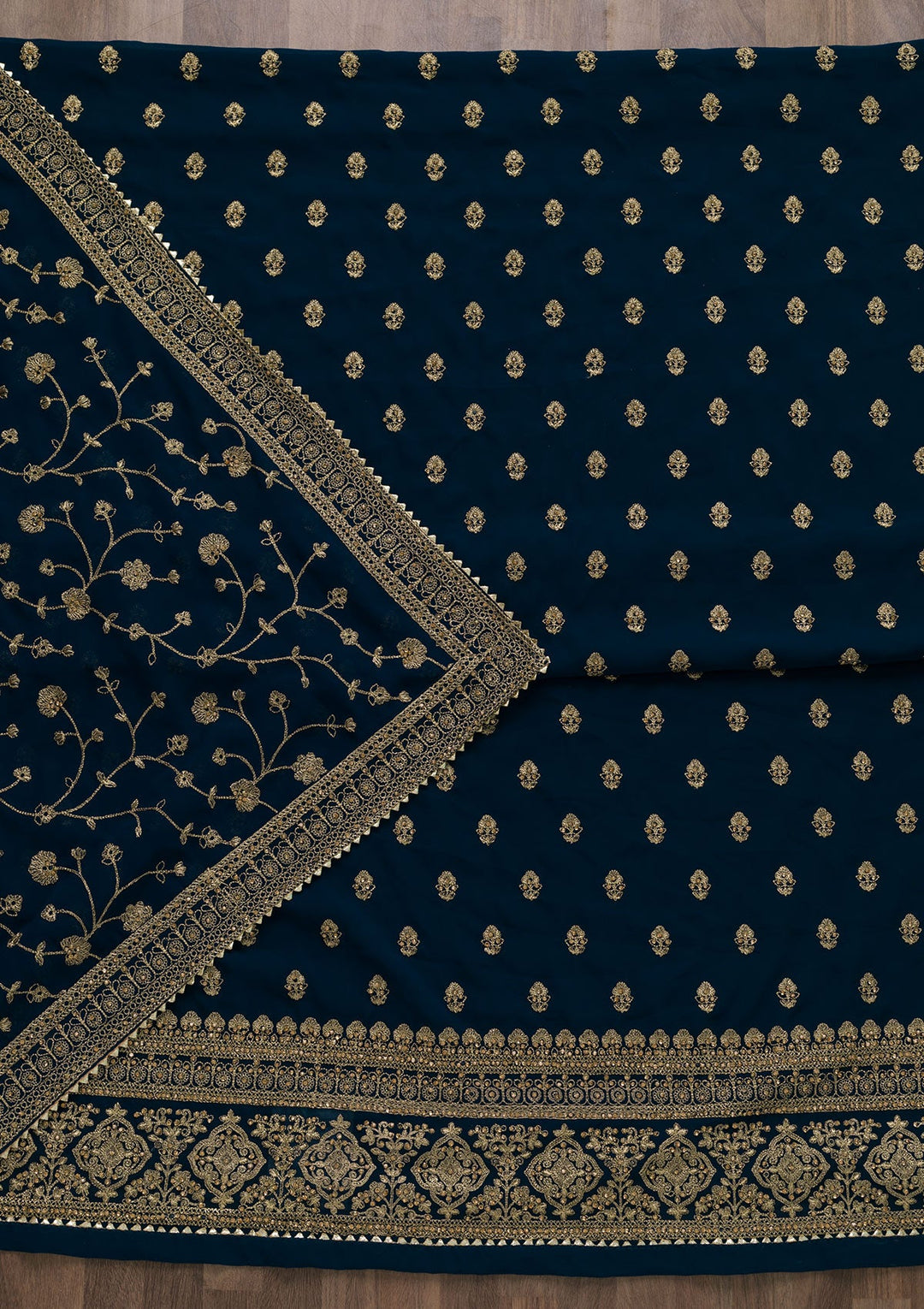 Peacock Blue Zariwork Raw Silk Unstitched Salwar Suit-Koskii