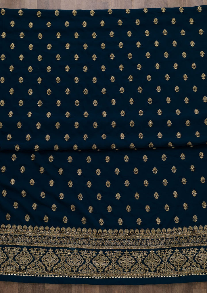 Peacock Blue Zariwork Raw Silk Unstitched Salwar Suit-Koskii