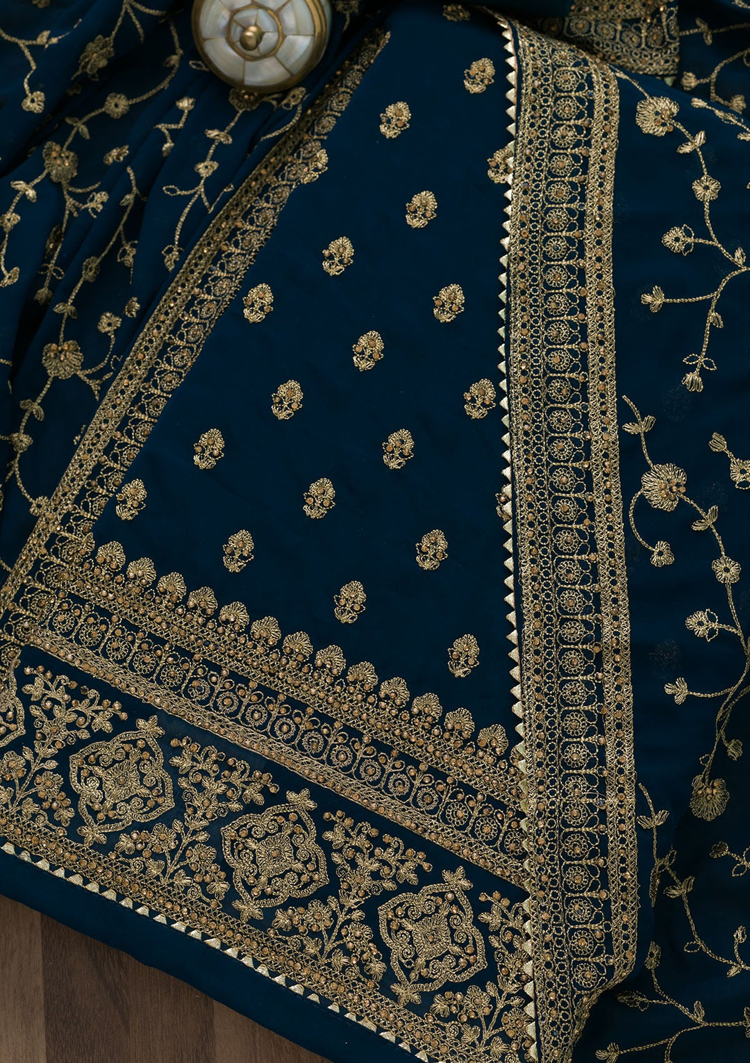 Peacock Blue Zariwork Raw Silk Unstitched Salwar Suit-Koskii