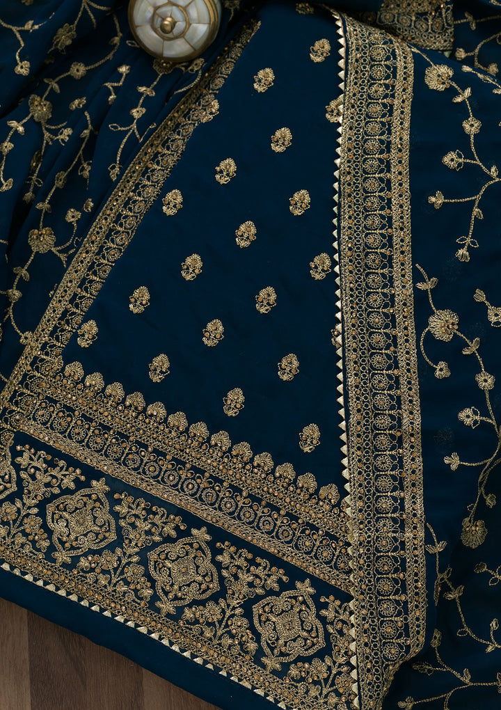Peacock Blue Zariwork Raw Silk Unstitched Salwar Suit-Koskii