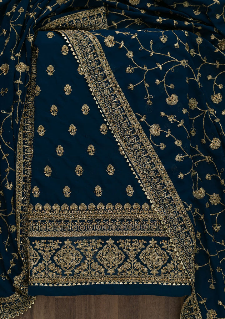 Peacock Blue Zariwork Raw Silk Unstitched Salwar Suit-Koskii