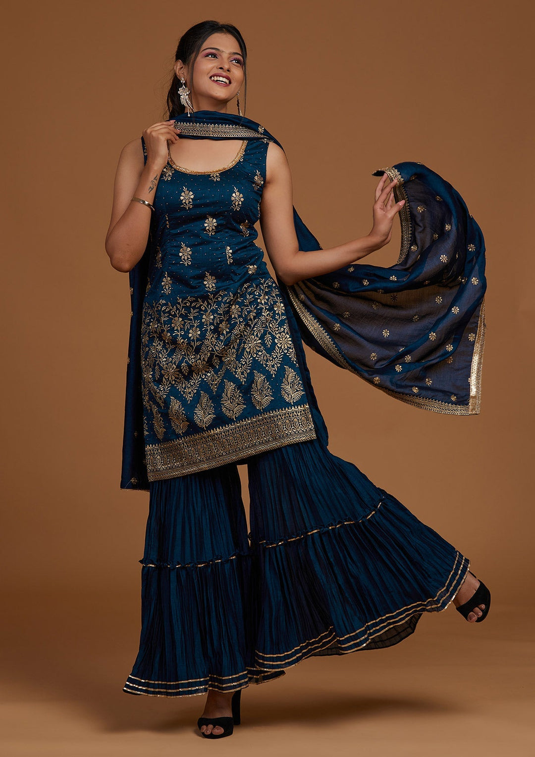 Peacock Blue Zariwork Raw Silk Designer Salwar Suit-Koskii