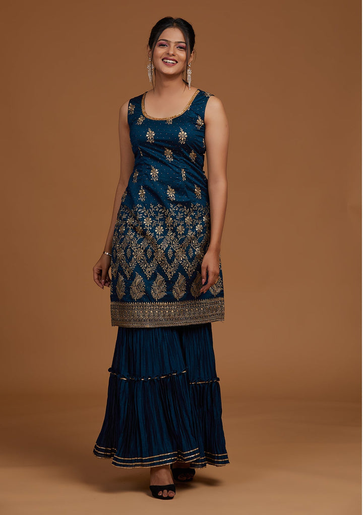 Peacock Blue Zariwork Raw Silk Designer Salwar Suit-Koskii