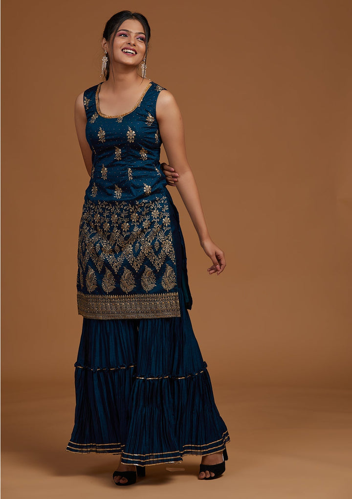 Peacock Blue Zariwork Raw Silk Designer Salwar Suit-Koskii