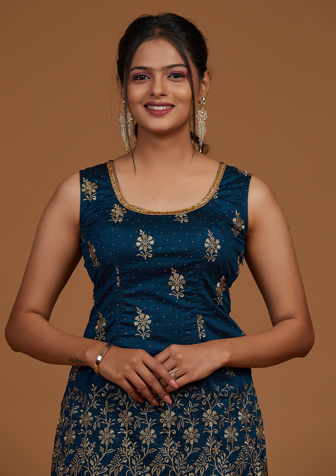 Peacock Blue Zariwork Raw Silk Designer Salwar Suit-Koskii