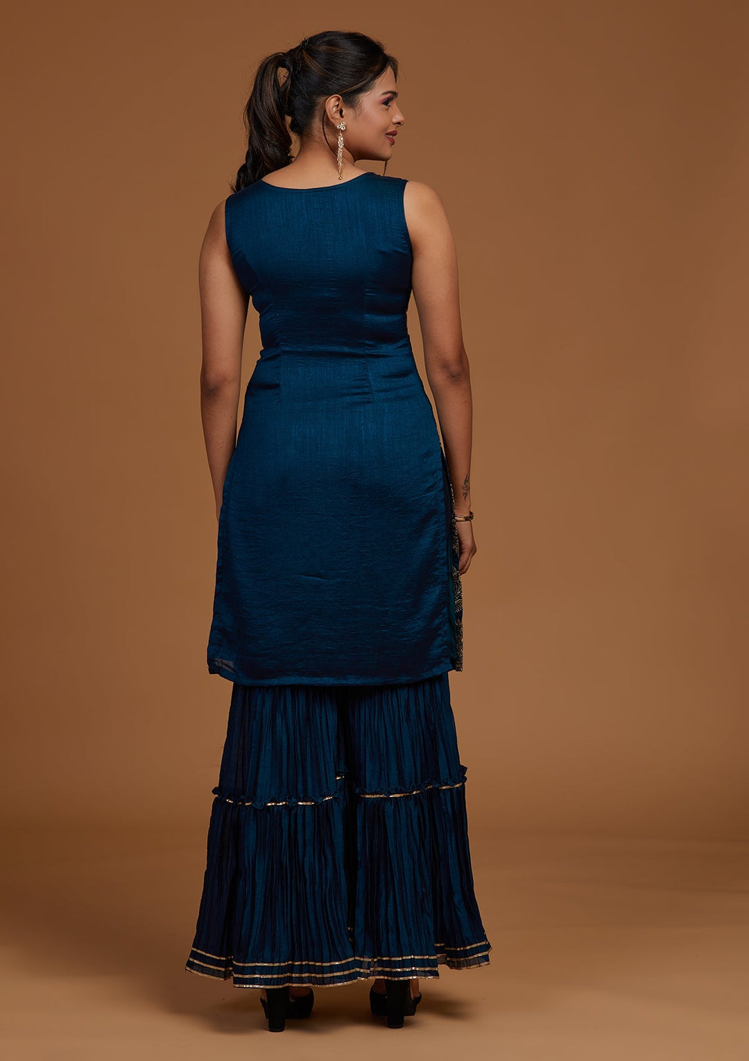 Peacock Blue Zariwork Raw Silk Designer Salwar Suit-Koskii